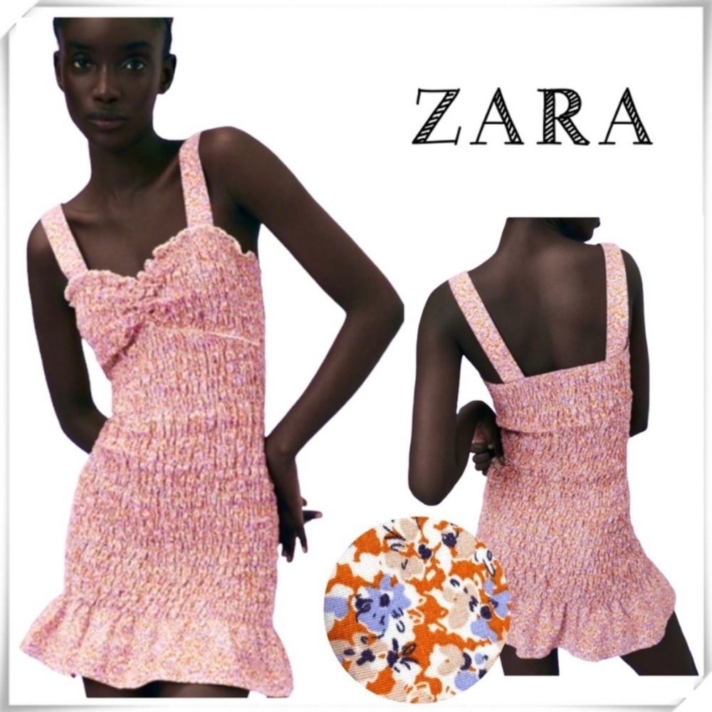 ZARA Floral Smocked Mini Dress in Orange New with Tags Size M